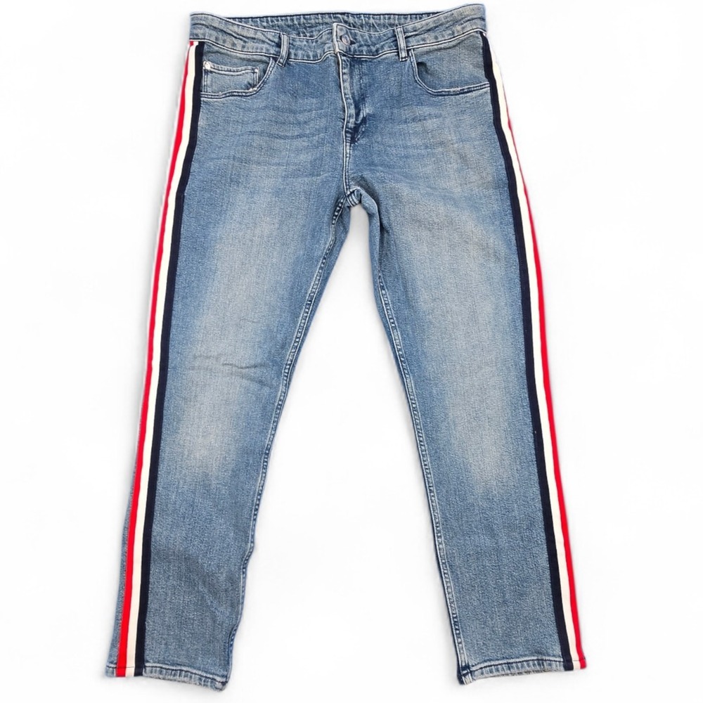 ASOS Side Stripe Skinny Jeans Mens‎ 38x28 Blue Denim Red White Racing Stripe Y2K